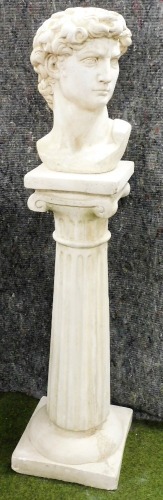 A classical type composition bust of Apollo, 48cm high, on a reeded Corinthian column base, 137cm high.