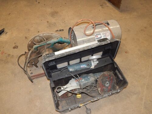 A 110v Crosscut saw SIP Fireball heater and Stanley Fat Max tool box with Bosch angle grinder and disc cutter. NB. This lot is to be collected by appointment on site at DPL Structures premises Hatfield Barns, Saxby Road, Melton Mowbray LE14 4RZ Thursday 