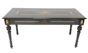 A fine early 20thC French ebonised salon suite, Inc. two & three seater open arm sofas, pair of tripod candle stands/wine tables, narrow display cabinet, 133cm high, 48cm wide, 29cm deep, two plus three open armchairs, oval coffee table, 48cm high, 107cm - 46