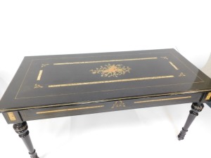 A fine early 20thC French ebonised salon suite, Inc. two & three seater open arm sofas, pair of tripod candle stands/wine tables, narrow display cabinet, 133cm high, 48cm wide, 29cm deep, two plus three open armchairs, oval coffee table, 48cm high, 107cm - 47