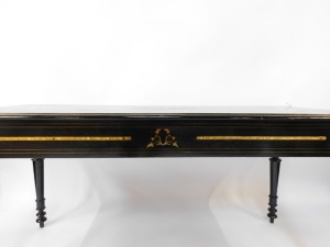 A fine early 20thC French ebonised salon suite, Inc. two & three seater open arm sofas, pair of tripod candle stands/wine tables, narrow display cabinet, 133cm high, 48cm wide, 29cm deep, two plus three open armchairs, oval coffee table, 48cm high, 107cm - 48