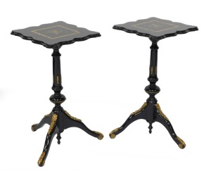 A fine early 20thC French ebonised salon suite, Inc. two & three seater open arm sofas, pair of tripod candle stands/wine tables, narrow display cabinet, 133cm high, 48cm wide, 29cm deep, two plus three open armchairs, oval coffee table, 48cm high, 107cm - 53