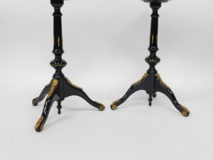 A fine early 20thC French ebonised salon suite, Inc. two & three seater open arm sofas, pair of tripod candle stands/wine tables, narrow display cabinet, 133cm high, 48cm wide, 29cm deep, two plus three open armchairs, oval coffee table, 48cm high, 107cm - 55