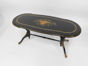 A fine early 20thC French ebonised salon suite, Inc. two & three seater open arm sofas, pair of tripod candle stands/wine tables, narrow display cabinet, 133cm high, 48cm wide, 29cm deep, two plus three open armchairs, oval coffee table, 48cm high, 107cm - 57
