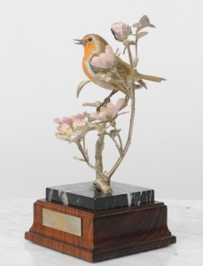 An Albany Fine China Robin ornament, on a marble plinth on wooden base, with plaque 'H M Queen Elizabeth II Silver Jubilee 1952-1977', limited edition 9 underside, 31cm high. - 10