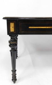 A fine early 20thC French ebonised salon suite, Inc. two & three seater open arm sofas, pair of tripod candle stands/wine tables, narrow display cabinet, 133cm high, 48cm wide, 29cm deep, two plus three open armchairs, oval coffee table, 48cm high, 107cm - 30