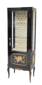 A fine early 20thC French ebonised salon suite, Inc. two & three seater open arm sofas, pair of tripod candle stands/wine tables, narrow display cabinet, 133cm high, 48cm wide, 29cm deep, two plus three open armchairs, oval coffee table, 48cm high, 107cm - 31