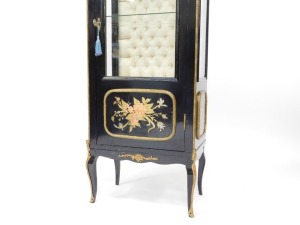 A fine early 20thC French ebonised salon suite, Inc. two & three seater open arm sofas, pair of tripod candle stands/wine tables, narrow display cabinet, 133cm high, 48cm wide, 29cm deep, two plus three open armchairs, oval coffee table, 48cm high, 107cm - 32