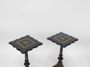 A fine early 20thC French ebonised salon suite, Inc. two & three seater open arm sofas, pair of tripod candle stands/wine tables, narrow display cabinet, 133cm high, 48cm wide, 29cm deep, two plus three open armchairs, oval coffee table, 48cm high, 107cm - 35