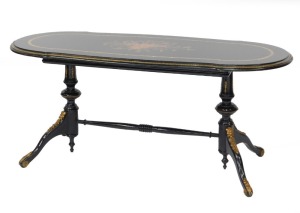 A fine early 20thC French ebonised salon suite, Inc. two & three seater open arm sofas, pair of tripod candle stands/wine tables, narrow display cabinet, 133cm high, 48cm wide, 29cm deep, two plus three open armchairs, oval coffee table, 48cm high, 107cm - 37