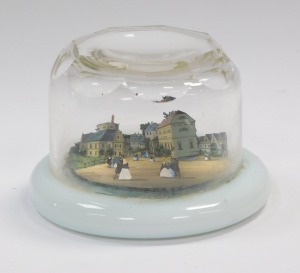 A 19thC faceted cut glass paperweight, decorated internally with a painted three dimensional scene of figures in a town, on opaline circular base, 9cm diameter. - 3