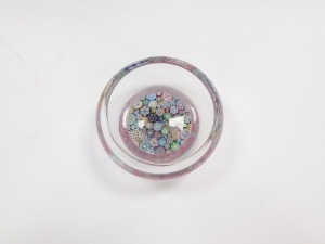 A Peter McDougall millefiori glass dish, with various close canes, bears paper label, 10.5cm diameter. - 4