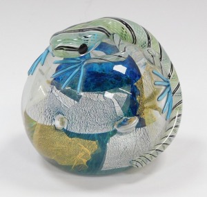 A Twists glass paperweight, designed by Mike Hunter, moulded over the body with a lizard, 10.5cm diameter. - 3