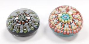 A Perthshire concentric millefiori and spiral twist paperweight, turquoise ground, central P cane, 6cm diameter, and an earlier similar paperweight, maker unknown, 6cm diameter. (2) - 3