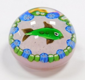 A Paul Ysart style glass paperweight, decorated with a fish, within repeating blue and green millefiori against a mottled pink ground, PY cane with the Y slightly dropped, 6.5cm diameter. - 4