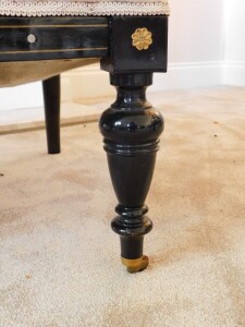 A fine early 20thC French ebonised salon suite, Inc. two & three seater open arm sofas, pair of tripod candle stands/wine tables, narrow display cabinet, 133cm high, 48cm wide, 29cm deep, two plus three open armchairs, oval coffee table, 48cm high, 107cm - 7