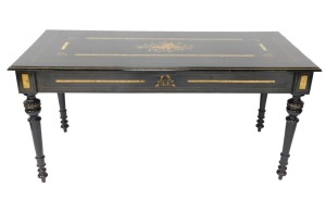 A fine early 20thC French ebonised salon suite, Inc. two & three seater open arm sofas, pair of tripod candle stands/wine tables, narrow display cabinet, 133cm high, 48cm wide, 29cm deep, two plus three open armchairs, oval coffee table, 48cm high, 107cm - 8
