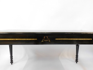 A fine early 20thC French ebonised salon suite, Inc. two & three seater open arm sofas, pair of tripod candle stands/wine tables, narrow display cabinet, 133cm high, 48cm wide, 29cm deep, two plus three open armchairs, oval coffee table, 48cm high, 107cm - 10