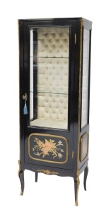 A fine early 20thC French ebonised salon suite, Inc. two & three seater open arm sofas, pair of tripod candle stands/wine tables, narrow display cabinet, 133cm high, 48cm wide, 29cm deep, two plus three open armchairs, oval coffee table, 48cm high, 107cm - 12
