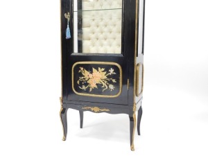 A fine early 20thC French ebonised salon suite, Inc. two & three seater open arm sofas, pair of tripod candle stands/wine tables, narrow display cabinet, 133cm high, 48cm wide, 29cm deep, two plus three open armchairs, oval coffee table, 48cm high, 107cm - 13