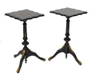 A fine early 20thC French ebonised salon suite, Inc. two & three seater open arm sofas, pair of tripod candle stands/wine tables, narrow display cabinet, 133cm high, 48cm wide, 29cm deep, two plus three open armchairs, oval coffee table, 48cm high, 107cm - 15