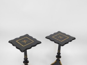 A fine early 20thC French ebonised salon suite, Inc. two & three seater open arm sofas, pair of tripod candle stands/wine tables, narrow display cabinet, 133cm high, 48cm wide, 29cm deep, two plus three open armchairs, oval coffee table, 48cm high, 107cm - 16