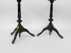 A fine early 20thC French ebonised salon suite, Inc. two & three seater open arm sofas, pair of tripod candle stands/wine tables, narrow display cabinet, 133cm high, 48cm wide, 29cm deep, two plus three open armchairs, oval coffee table, 48cm high, 107cm - 17
