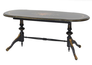 A fine early 20thC French ebonised salon suite, Inc. two & three seater open arm sofas, pair of tripod candle stands/wine tables, narrow display cabinet, 133cm high, 48cm wide, 29cm deep, two plus three open armchairs, oval coffee table, 48cm high, 107cm - 18