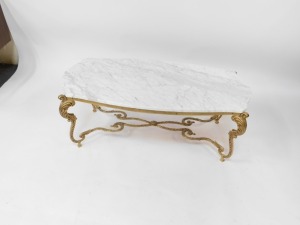 A French style marble topped and gilt coffee table, the shaped marble top on a gilt rococo scroll base, 44cm high, 116cm wide, 55cm deep. - 2