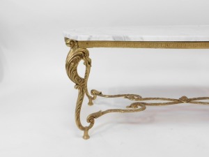 A French style marble topped and gilt coffee table, the shaped marble top on a gilt rococo scroll base, 44cm high, 116cm wide, 55cm deep. - 3