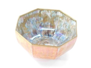 A Wedgwood dragon lustre octagonal bowl, the lustre interior with gilt dragon detail and orange ground exterior, pattern no Z4825, printed and painted marks, 23cm high. - 2