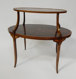 An Edwardian mahogany two tier etagere, with satinwood cross banding, and inlaid with paterae, acanthus leaves, foliate scrolls and ribbons, raised on out splayed legs, 83cm high, 78cm wide, 50cm deep. - 3
