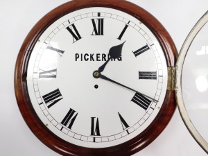 A late 19thC circular mahogany wall clock, with later white numeric painted dial, bearing Roman numerals and 'PICKERING', single fusee movement, with key, 44cm wide. - 2