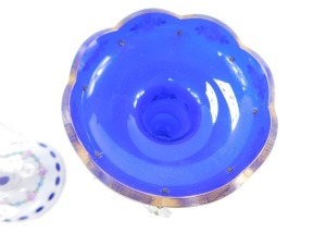 A pair of late 19thC blue and opaline glass lustres, painted with flowers, with prismatic drops, 26cm high. - 3