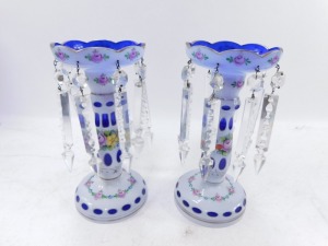 A pair of late 19thC blue and opaline glass lustres, painted with flowers, with prismatic drops, 26cm high. - 4