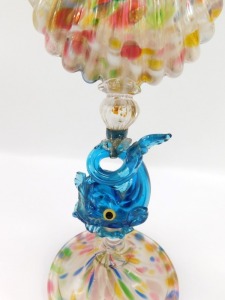 A Venetian dolphin stem vase, possibly Salviati & Company, the shaped scallop shell bowl decorated in colour splashes, white streaks and gold aventurine, raised on a blue dolphin stem and conical folded foot, 22cm high. - 3