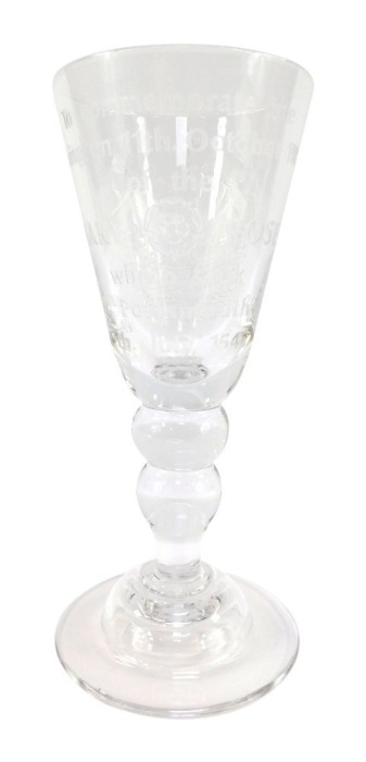 A late 20thC Stourbridge crystal commemorative goblet, decorated by David Smith, to commemorate the Raising on 11th October 1982 of the Mary Rose, which sank near Portsmouth, on 19th July 1545, raised on a bubble knop stem over a conical foot, etched mark