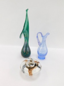 An Alum Bay green lustre Jack-in-the-Pulpit vase, bears paper label, 41cm high, together with a Peschec glass jug, of baluster form, with blue and white banded decoration, etched mark, 25cm high, and a glass weight form oil lamp, with internal brown and b - 2