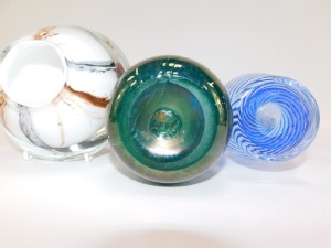 An Alum Bay green lustre Jack-in-the-Pulpit vase, bears paper label, 41cm high, together with a Peschec glass jug, of baluster form, with blue and white banded decoration, etched mark, 25cm high, and a glass weight form oil lamp, with internal brown and b - 4