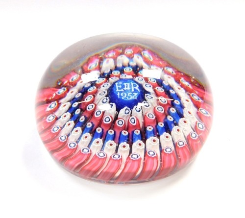 A Whitefriars Coronation concentric millefiori paperweight, bearing central cane with EIIR 1953, 7.5cm diameter. (AF)