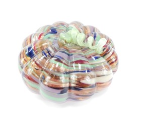 A Murano style glass model of a pumpkin, of fluted form, with spiral twist branch handle, having banded and gold aventurine decoration, 21cm diameter. - 2