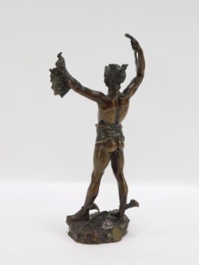 After Jules Edouard Roine. A bronze figure of Perseus holding the head of Medusa, raised on a naturalistic base with banner, named 'Persee Petrifiant Atlas' verso a stamp for the Exposition, Paris 1900, 24cm high. - 2