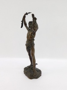 After Jules Edouard Roine. A bronze figure of Perseus holding the head of Medusa, raised on a naturalistic base with banner, named 'Persee Petrifiant Atlas' verso a stamp for the Exposition, Paris 1900, 24cm high. - 3