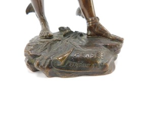 After Jules Edouard Roine. A bronze figure of Perseus holding the head of Medusa, raised on a naturalistic base with banner, named 'Persee Petrifiant Atlas' verso a stamp for the Exposition, Paris 1900, 24cm high. - 4