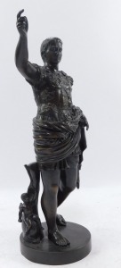 After The Antique. A bronze figure of 'Augustus of Prima Porta' The Emperor Augustus Caesar, dressed as a General, in the act of addressing his troops, in full armour, his right arm outstretched, behind Cupid riding a dolphin, raised on a circular base, - 2
