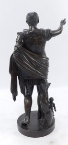 After The Antique. A bronze figure of 'Augustus of Prima Porta' The Emperor Augustus Caesar, dressed as a General, in the act of addressing his troops, in full armour, his right arm outstretched, behind Cupid riding a dolphin, raised on a circular base, - 4