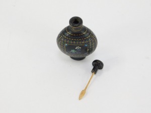 A Japanese Lac Burgaute snuff bottle, possibly 19thC, each side inlaid in mother of pearl with a reserve of flowers against a geometric patterned ground in shell and gold, bears two character senri mark to base, with stopper and spoon, 6.5 high. - 3
