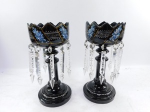 A pair of late 19thC glass lustres, painted floral and enamelled decoration, with clear glass prismatic drops, black, but deep red when held to the light, 33cm high. - 4