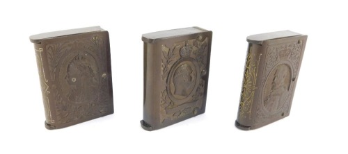 Three Royal commemorative vulcanite vesta cases, one commemorating the Death in Memorium of Her Majesty Queen Victoria, another of Edward VII, the third of George V. (3)