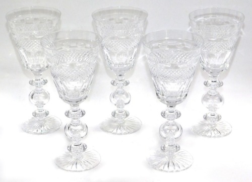 A set of five Grasmere glass wine goblets, decorated in Cumbria pattern, of baluster form, with a triple knop stem, 52.5cm high.